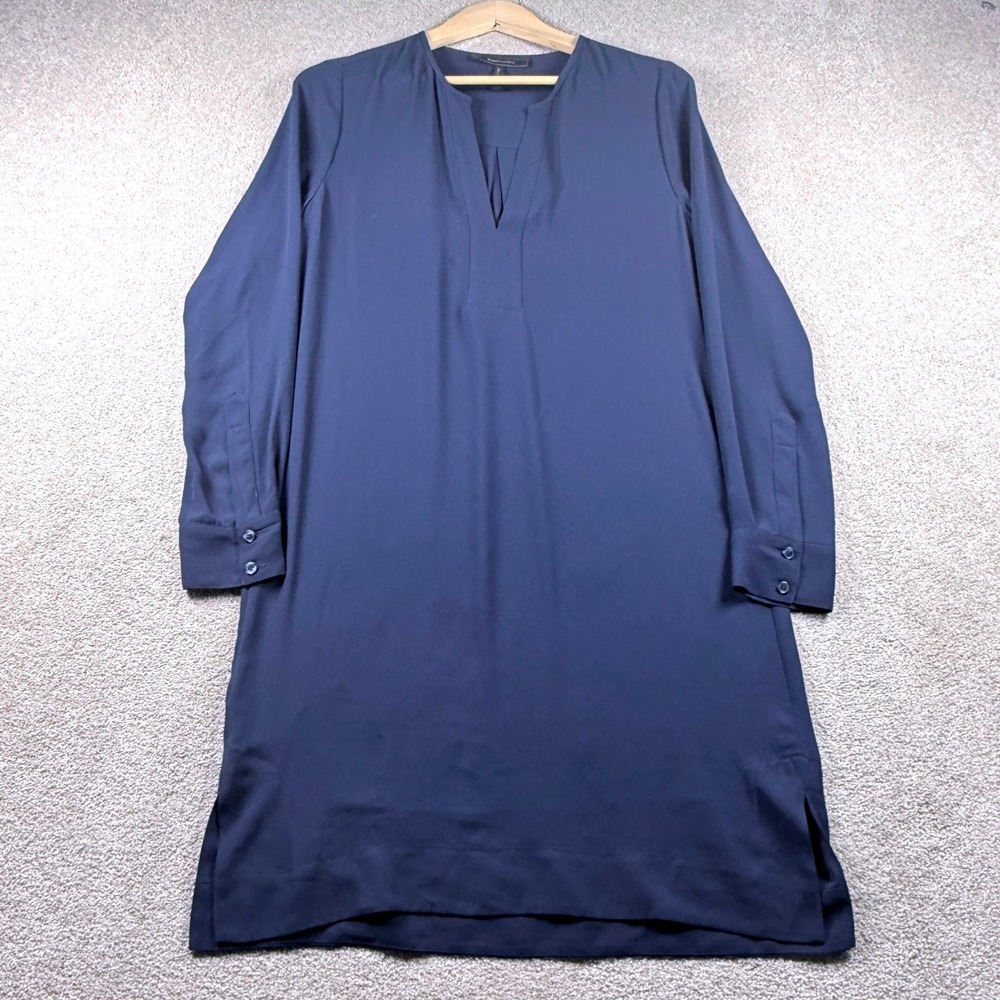 BCBGMAXAZRIA Shift Dress Women's Small Navy Blue V-Neck Long Sleeve Slit Hem